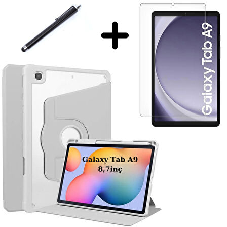Samsung Galaxy Tab A9 8.7inç X110 X113 X115 X117 Kılıf Termik Kalem Bölmeli Dönebilen Standlı Kılıf SET