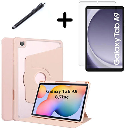 Samsung Galaxy Tab A9 8.7inç X110 X113 X115 X117 Kılıf Termik Kalem Bölmeli Dönebilen Standlı Kılıf SET