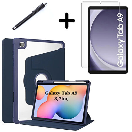Samsung Galaxy Tab A9 8.7inç X110 X113 X115 X117 Kılıf Termik Kalem Bölmeli Dönebilen Standlı Kılıf SET