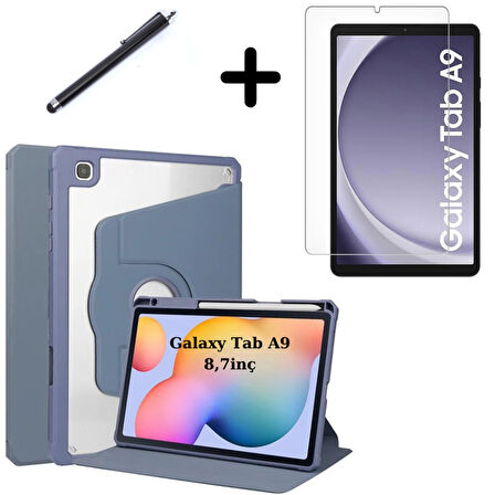 Samsung Galaxy Tab A9 8.7inç X110 X113 X115 X117 Kılıf Termik Kalem Bölmeli Dönebilen Standlı Kılıf SET