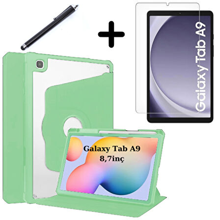 Samsung Galaxy Tab A9 8.7inç X110 X113 X115 X117 Kılıf Termik Kalem Bölmeli Dönebilen Standlı Kılıf SET