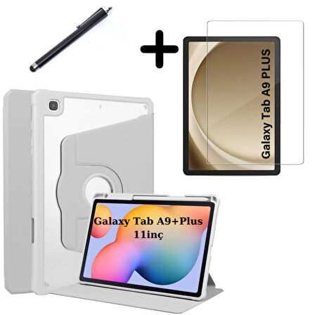 Samsung Galaxy Tab A9 Plus X210 X213 X215 X217 Kılıf Termik Kalem Bölmeli Dönebilen Standlı Kılıf SET
