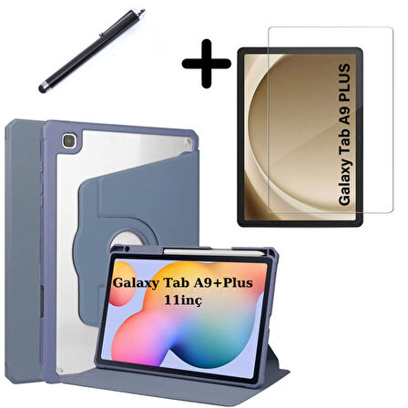 Samsung Galaxy Tab A9 Plus X210 X213 X215 X217 Kılıf Termik Kalem Bölmeli Dönebilen Standlı Kılıf SET