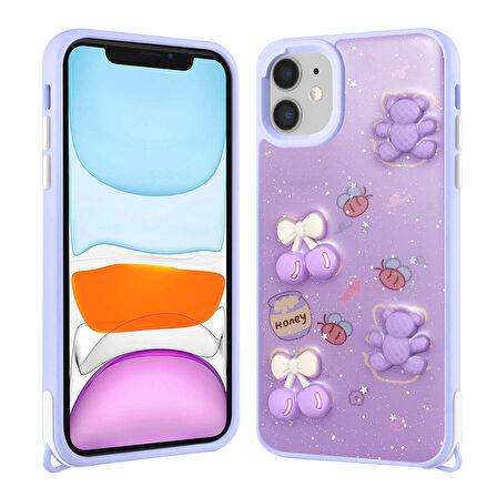 Apple iPhone 11 Kılıf Kabartma Figürlü Parlayan Sıvılı Simli Cevze Kapak