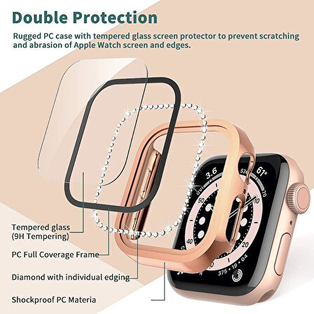 Apple Watch 7 8 9 41mm Ekran Koruyuculu Tek Sıra Kenar Taşlı Sert PC Kasa Koruyucu