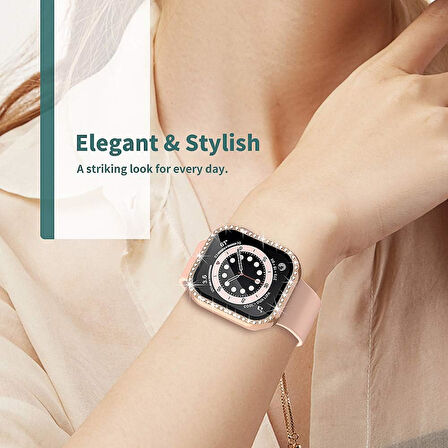 Apple Watch 7 8 9 41mm Ekran Koruyuculu Tek Sıra Kenar Taşlı Sert PC Kasa Koruyucu