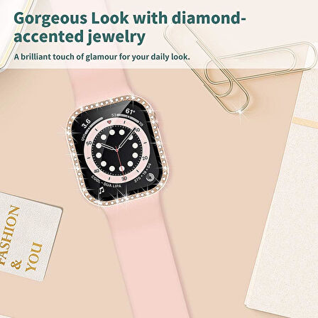 Apple Watch 7 8 9 41mm Ekran Koruyuculu Tek Sıra Kenar Taşlı Sert PC Kasa Koruyucu