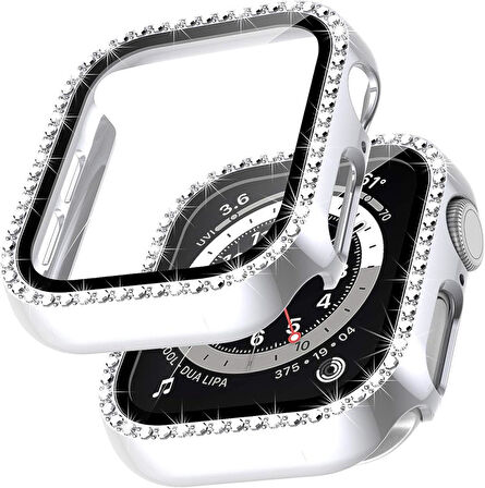 Apple Watch 7 8 9 41mm Ekran Koruyuculu Tek Sıra Kenar Taşlı Sert PC Kasa Koruyucu