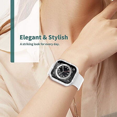 Apple Watch 7 8 9 41mm Ekran Koruyuculu Tek Sıra Kenar Taşlı Sert PC Kasa Koruyucu
