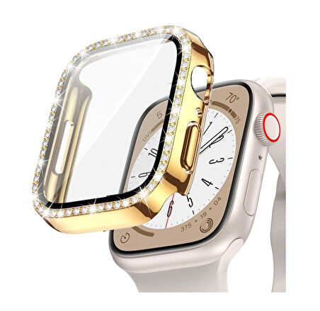 Apple Watch 7 8 9 41mm Ekran Koruyuculu Tek Sıra Kenar Taşlı Sert PC Kasa Koruyucu