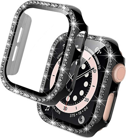 Apple Watch 7 8 9 41mm Ekran Koruyuculu Tek Sıra Kenar Taşlı Sert PC Kasa Koruyucu