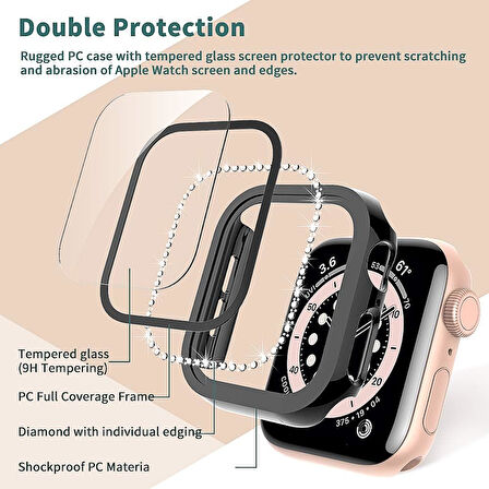 Apple Watch 7 8 9 41mm Ekran Koruyuculu Tek Sıra Kenar Taşlı Sert PC Kasa Koruyucu