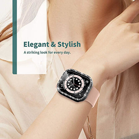 Apple Watch 7 8 9 41mm Ekran Koruyuculu Tek Sıra Kenar Taşlı Sert PC Kasa Koruyucu