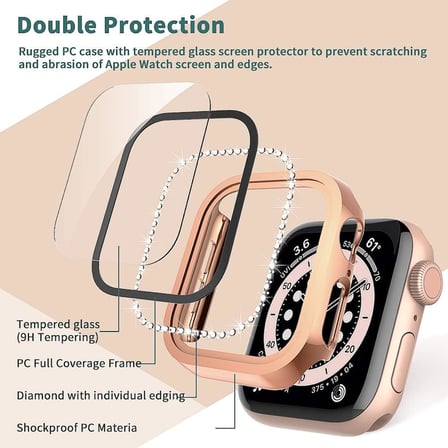 Apple Watch 7 8 9 45mm Ekran Koruyuculu Tek Sıra Kenar Taşlı Sert PC Kasa Koruyucu