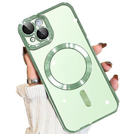 Apple iPhone 15 Plus Kılıf Magsafe Kamera Lensli Korumalı Şeffaf Silikon Kapak