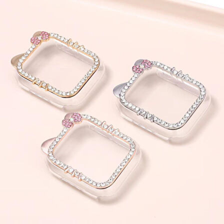 Apple Watch 7 8 9 41mm 3D Figürlü Taşlı Ekran Koruyuculu Sert PC Kasa Koruyucu