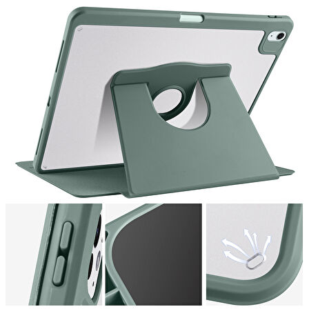 Apple iPad Air 11inç M2/M3 2025-2024 Kılıf Termik Kalem Bölmeli Dönebilen Standlı Kılıf