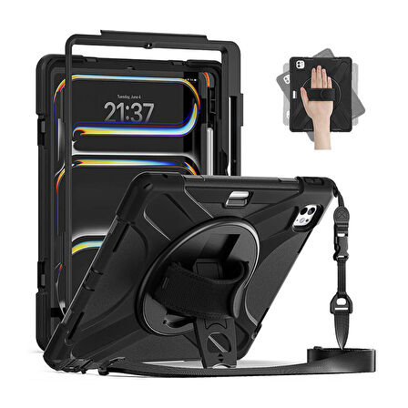 Apple iPad Pro 13inç M4 2024 Kılıf Defender Askılı Zırhlı Tank Case A2925 A2926 A3007