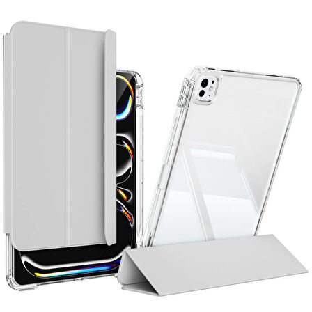 Apple iPad Pro 13inç M4 2024 Kılıf Kalem Bölmeli Akrilik Şeffaf Ayrılabilir Case A2925 A2926 A3007