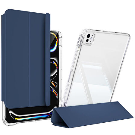 Apple iPad Pro 13inç M4 2024 Kılıf Kalem Bölmeli Akrilik Şeffaf Ayrılabilir Case A2925 A2926 A3007