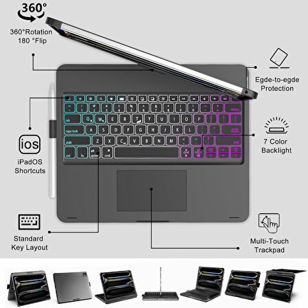 Apple iPad Pro 11inç M4 2024 Kılıf Kablosuz Dönebilen Klavyeli Kılıf Keyboard A2836 A2837 A3006