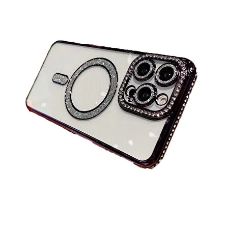 Apple iPhone 16 Pro Max Kılıf Simli Magsafe Kamera Kenar Taşlı Kapak