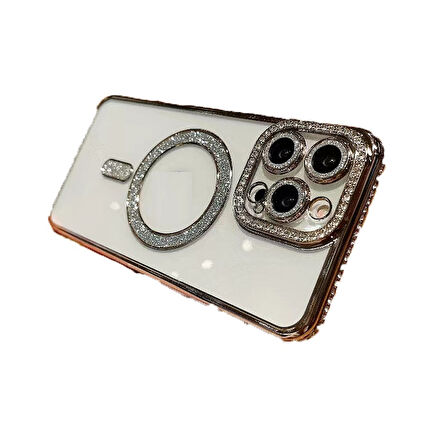 Apple iPhone 16 Kılıf Simli Magsafe Kamera Kenar Taşlı Kapak