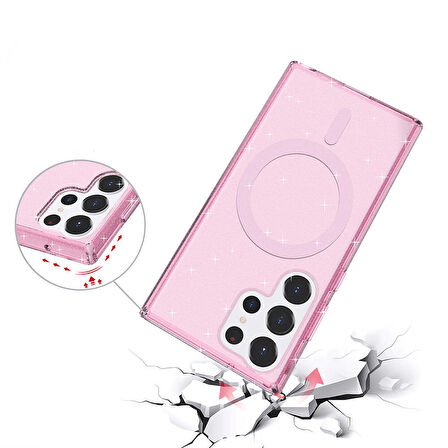 Samsung Galaxy S23 Ultra Kılıf Magsafe Şarj Özellikli Simli Sert Şeffaf Allstar Kapak