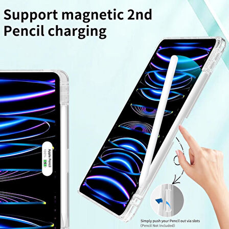 Apple iPad Pro 12.9 3./4./5./6. Nesil Kılıf Kalem Bölmeli Akrilik Şeffaf Ayrılabilir Case 2018-2022