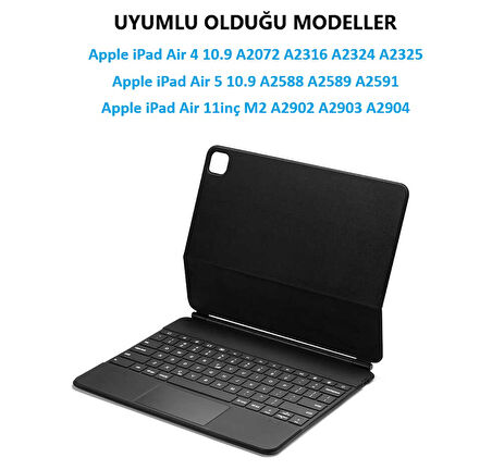 Apple iPad Air 11inç M2/M3 Air 4/5.Nesil 10.9 Klavyeli Kılıf Magic Keyboard Touchpad Aydınlatmalı Klavye 2025-2024