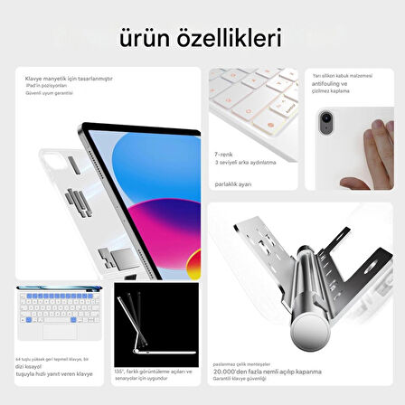 Apple iPad Air 11inç M2/M3 Air 4/5.Nesil 10.9 Klavyeli Kılıf Magic Keyboard Touchpad Aydınlatmalı Klavye 2025-2024