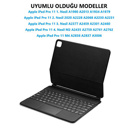 Apple iPad Pro 11inç M4 2024 1/2/3/4.Nesil Klavyeli Kılıf Magic Keyboard Touchpad Aydınlatmalı Klavye