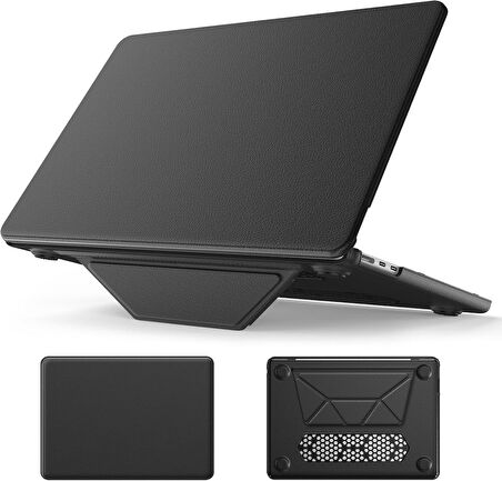 Apple Macbook Pro 14inç M3/M4/Max A3112 A3185 A3401 A2918 A1992 Kılıf Synthetic İpeksi Deri Standlı Havalandırmalı Kapak 2023 2024