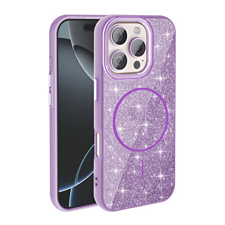 Apple iPhone 16 Pro Kılıf Magsafe ile Uyumlu Parlak Simli Shinig Okso Kapak