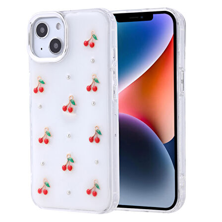 Apple iPhone 13 Kılıf Kabartmalı Kelebek-Kiraz-Çiçek Dizayn Şeffaf Kutup Kapak