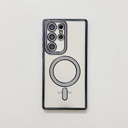 Samsung Galaxy S25 Ultra Kılıf Simli Magsafe Kamera Kenar Taşlı Kapak
