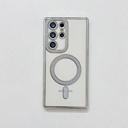 Samsung Galaxy S25 Plus Kılıf Simli Magsafe Kamera Kenar Taşlı Kapak
