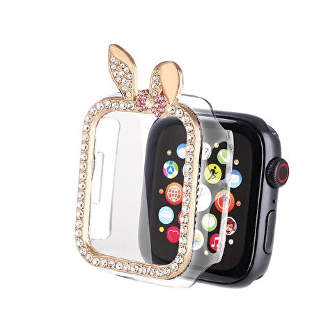 Apple Watch 7 8 9 41mm 3D Figürlü Taşlı Ekran Koruyuculu Sert PC Kasa Koruyucu
