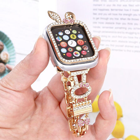 Apple Watch 7 8 9 41mm 3D Figürlü Taşlı Ekran Koruyuculu Sert PC Kasa Koruyucu