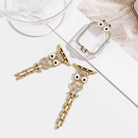 Apple Watch 7 8 9 41mm 3D Figürlü Taşlı Ekran Koruyuculu Sert PC Kasa Koruyucu