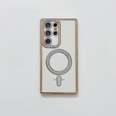 Samsung Galaxy S23 Ultra Kılıf Simli Magsafe Kamera Kenar Taşlı Kapak