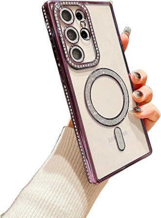 Samsung Galaxy S23 Ultra Kılıf Simli Magsafe Kamera Kenar Taşlı Kapak