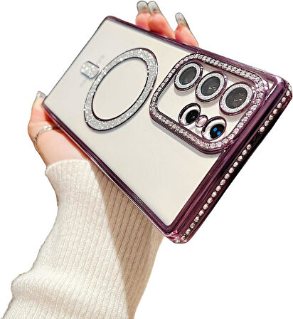 Samsung Galaxy S23 Ultra Kılıf Simli Magsafe Kamera Kenar Taşlı Kapak