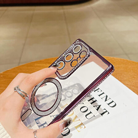 Samsung Galaxy S23 Ultra Kılıf Simli Magsafe Kamera Kenar Taşlı Kapak