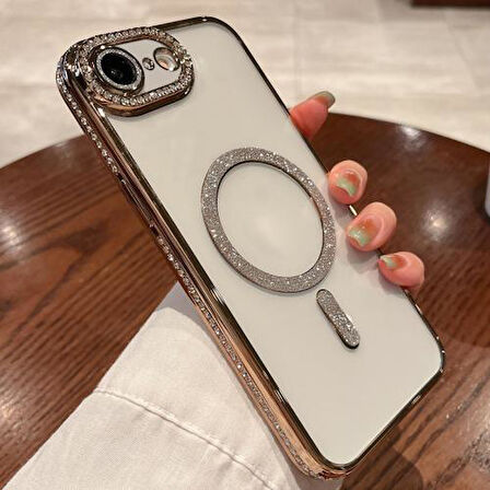 Apple iPhone 16E Kılıf Simli Magsafe Kamera Kenar Taşlı Kapak