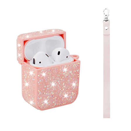 Apple Airpods 1. / 2. Nesil ile uyumlu Kılıf Şık Simli Şeffaf Bilek Askı Aparatlı Case 45