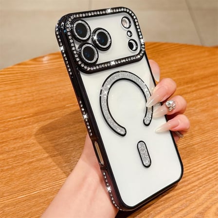 Apple iPhone 17 Pro Kılıf M-Safe Şarj Uyumlu Simli Kamera Kenar Taşlı Kapak Joke