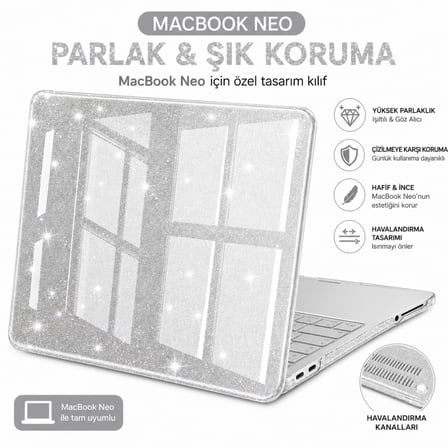 Macbook Neo 13 inç A18 Pro A3404 Kılıf Simli Ön Arka Kapak