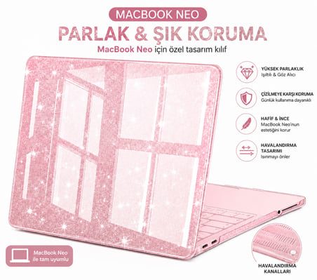 Macbook Neo 13 inç A18 Pro A3404 Kılıf Simli Ön Arka Kapak