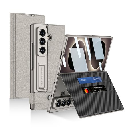Samsung Galaxy Z Fold 8 Ultra Kılıf Suni Deri Tasarımlı Kalem Bölmeli Kıpta Kartlıklı Standlı Kapak